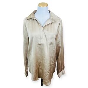 INSIGHT Womens Open Collar Silky Beige Long Sleeve Relaxed Fit Top MEDIUM NWT